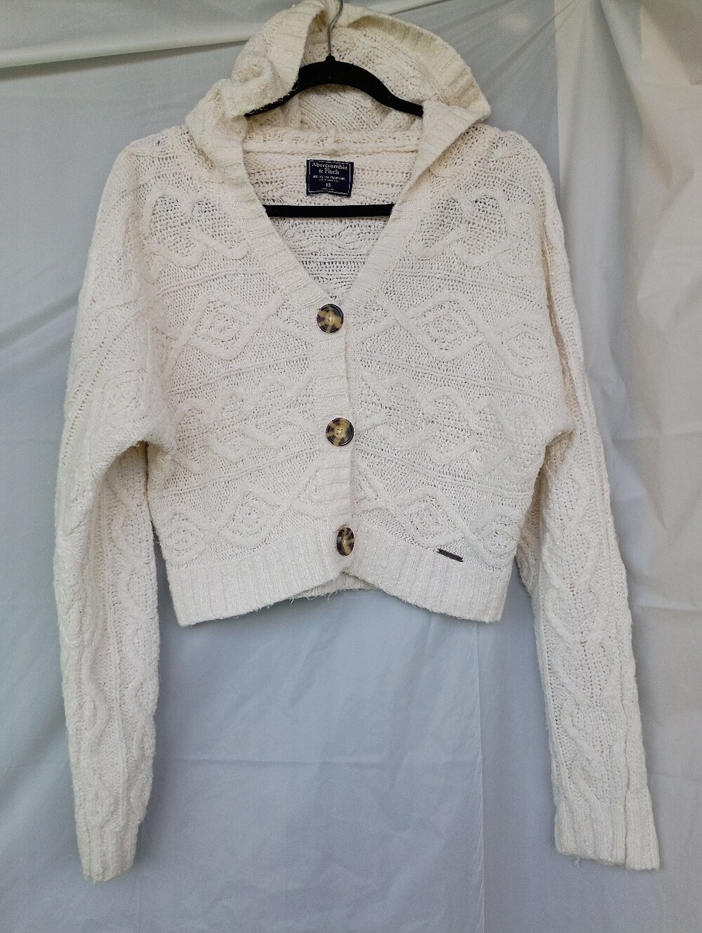 Abercrombie & Fitch Off-White Cable Knit Hooded Cardigan